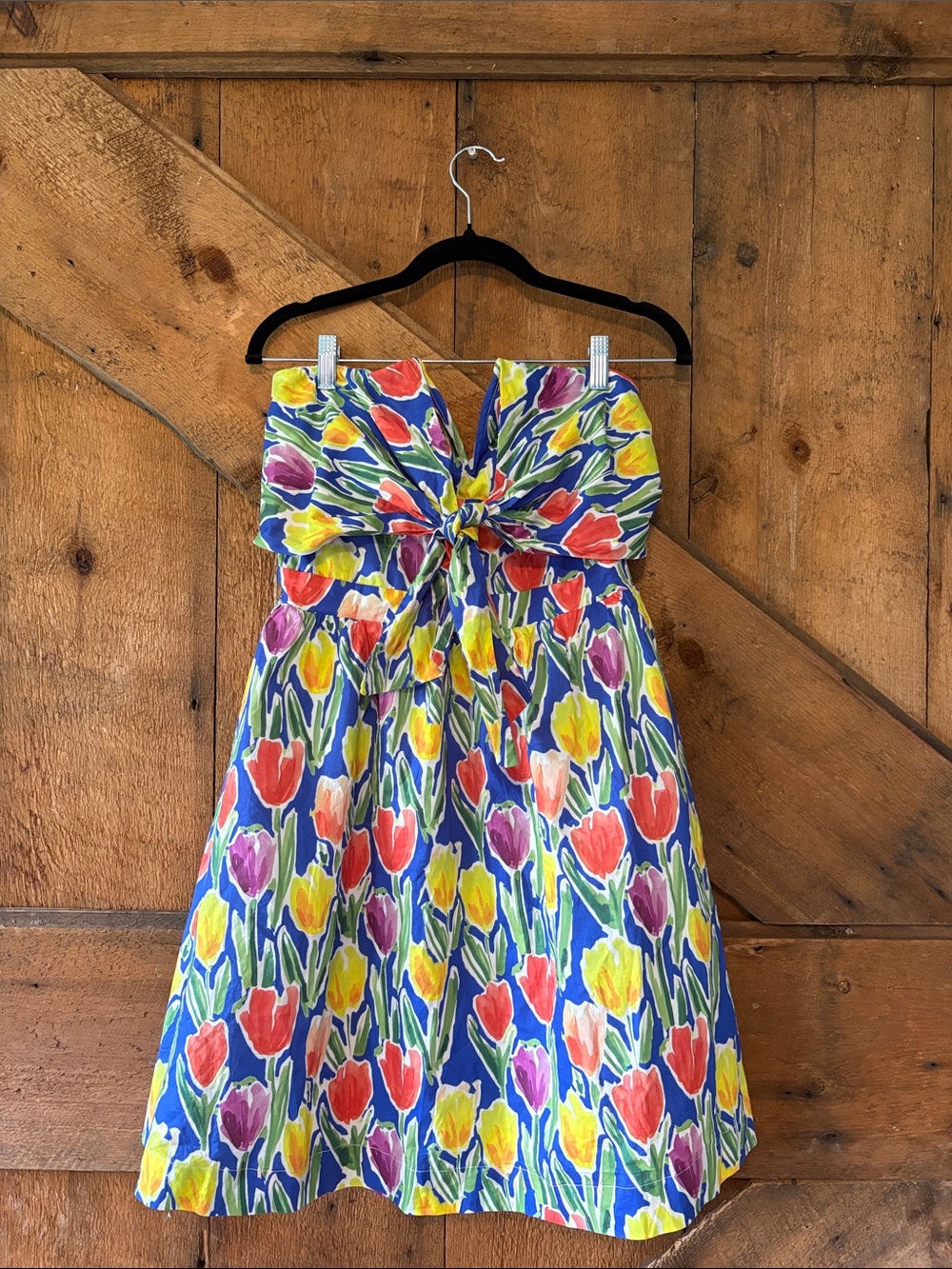 Strapless Tulip-Print Kids Dress with Front Bow - Multicolor
